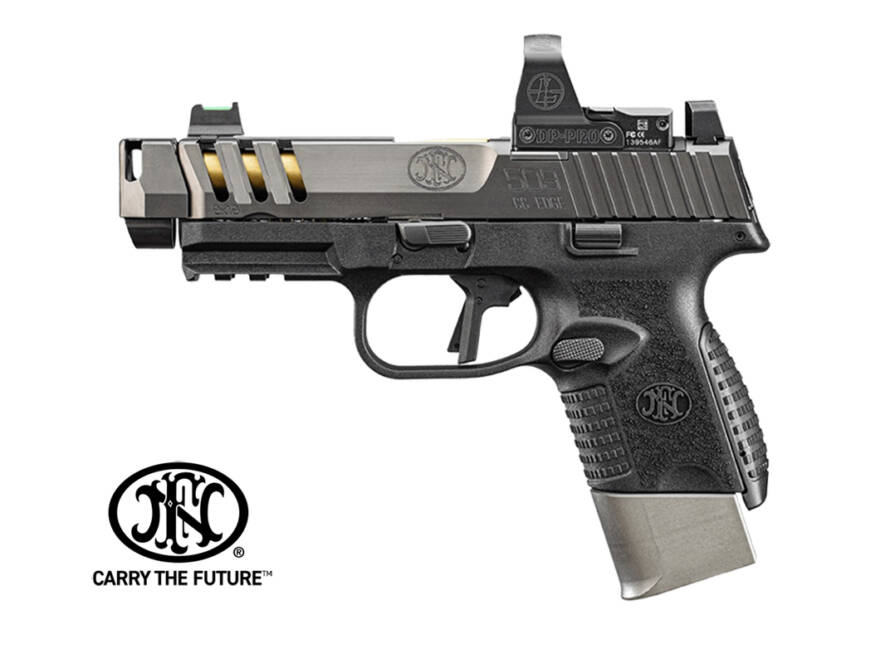 FN 509 CC Edge 9×19 mm kompenzátoros pisztoly aranyszínű TiN bevonatú csővel, optikafogadó szánnal és textúrázott markolattal