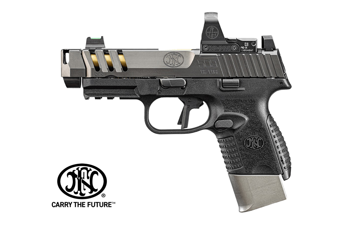 FN 509 CC Edge 9×19 mm kompenzátoros pisztoly aranyszínű TiN bevonatú csővel, optikafogadó szánnal és textúrázott markolattal