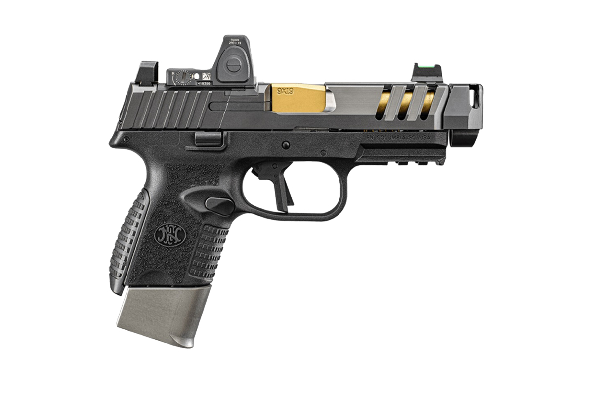 FN 509 CC Edge 9×19 mm kompenzátoros pisztoly aranyszínű TiN bevonatú csővel, optikafogadó szánnal és textúrázott markolattal