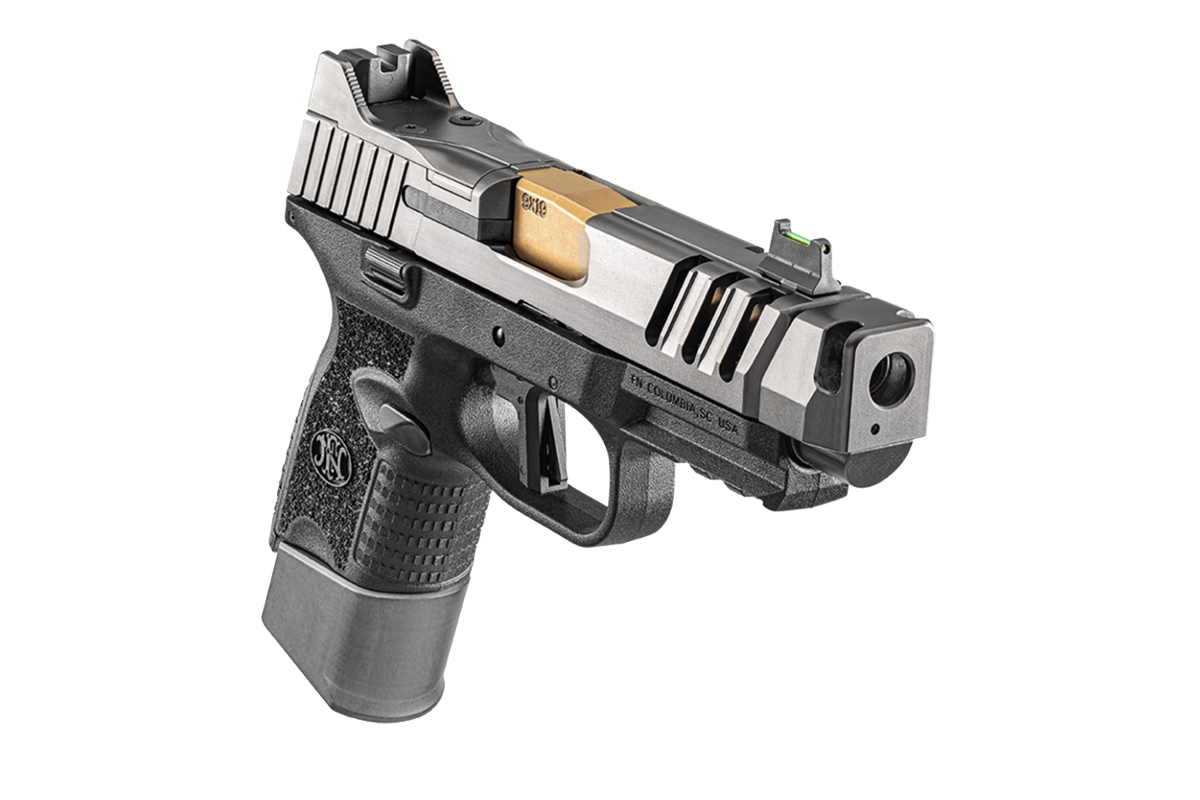 FN 509 CC Edge 9×19 mm kompenzátoros pisztoly aranyszínű TiN bevonatú csővel, optikafogadó szánnal és textúrázott markolattal