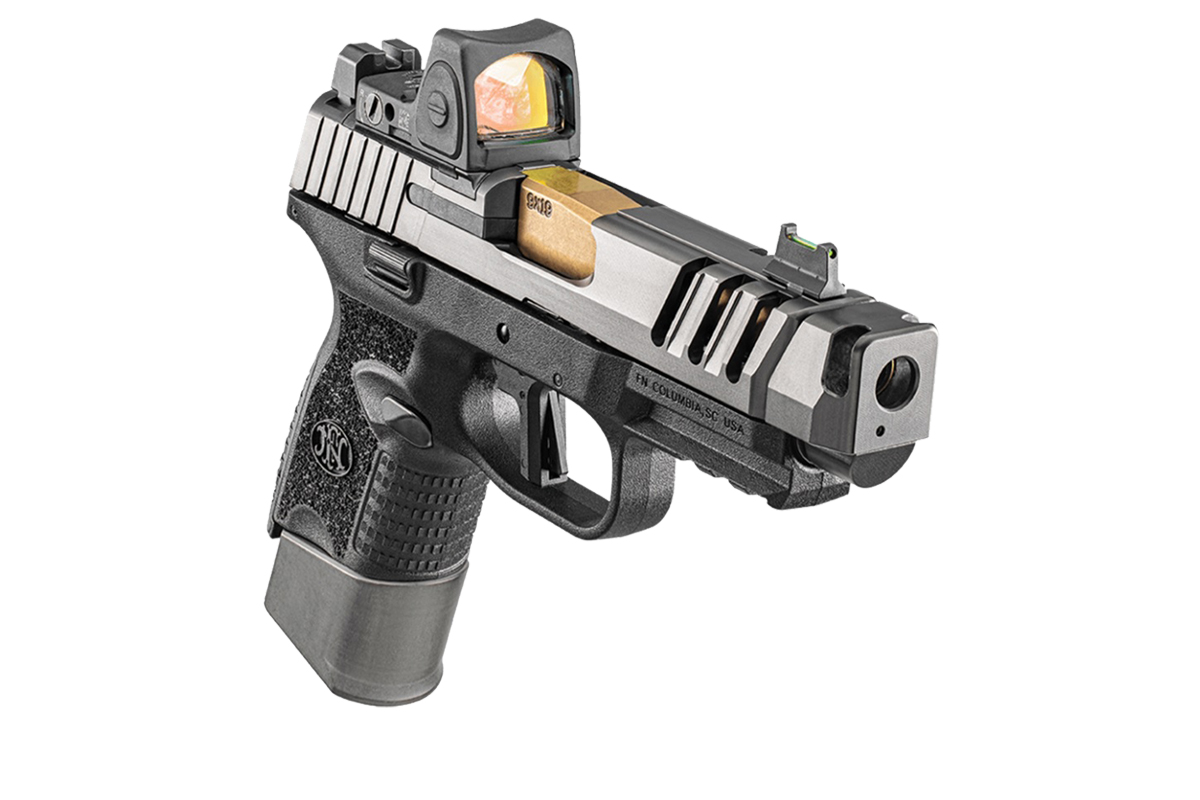 FN 509 CC Edge 9×19 mm kompenzátoros pisztoly aranyszínű TiN bevonatú csővel, optikafogadó szánnal és textúrázott markolattal