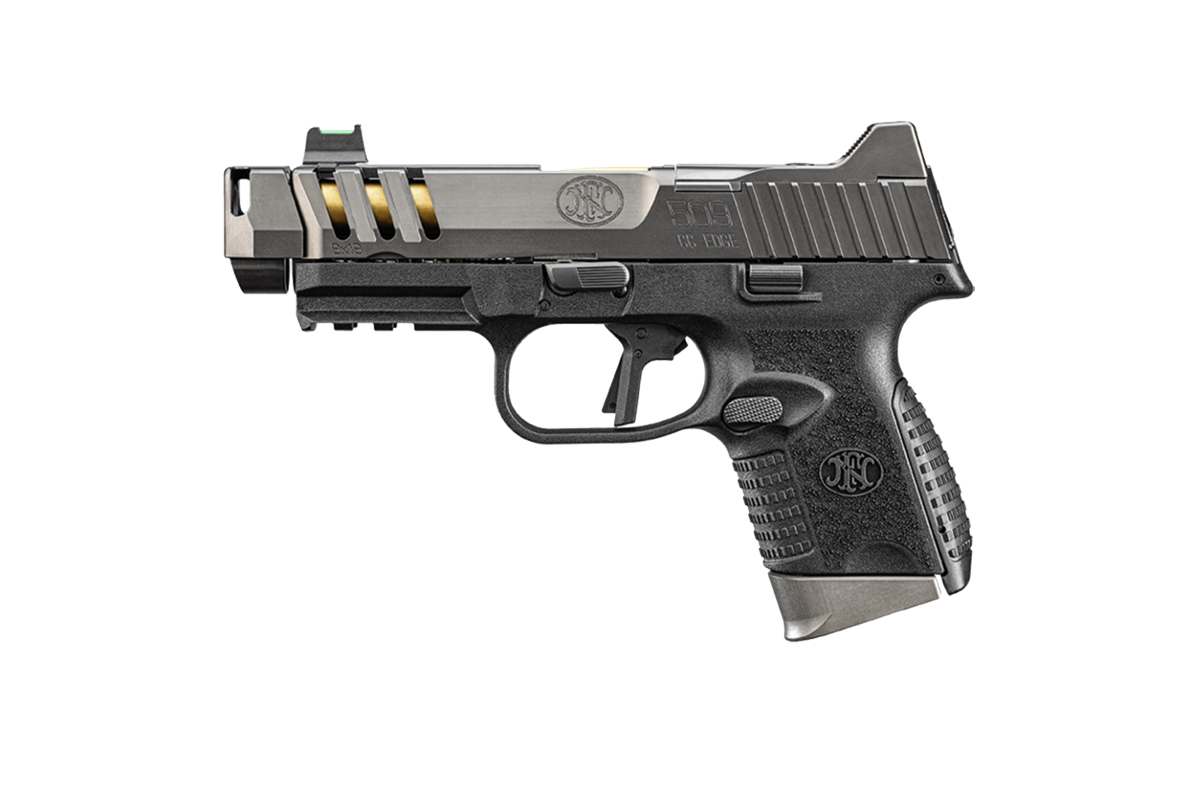 FN 509 CC Edge 9×19 mm kompenzátoros pisztoly aranyszínű TiN bevonatú csővel, optikafogadó szánnal és textúrázott markolattal