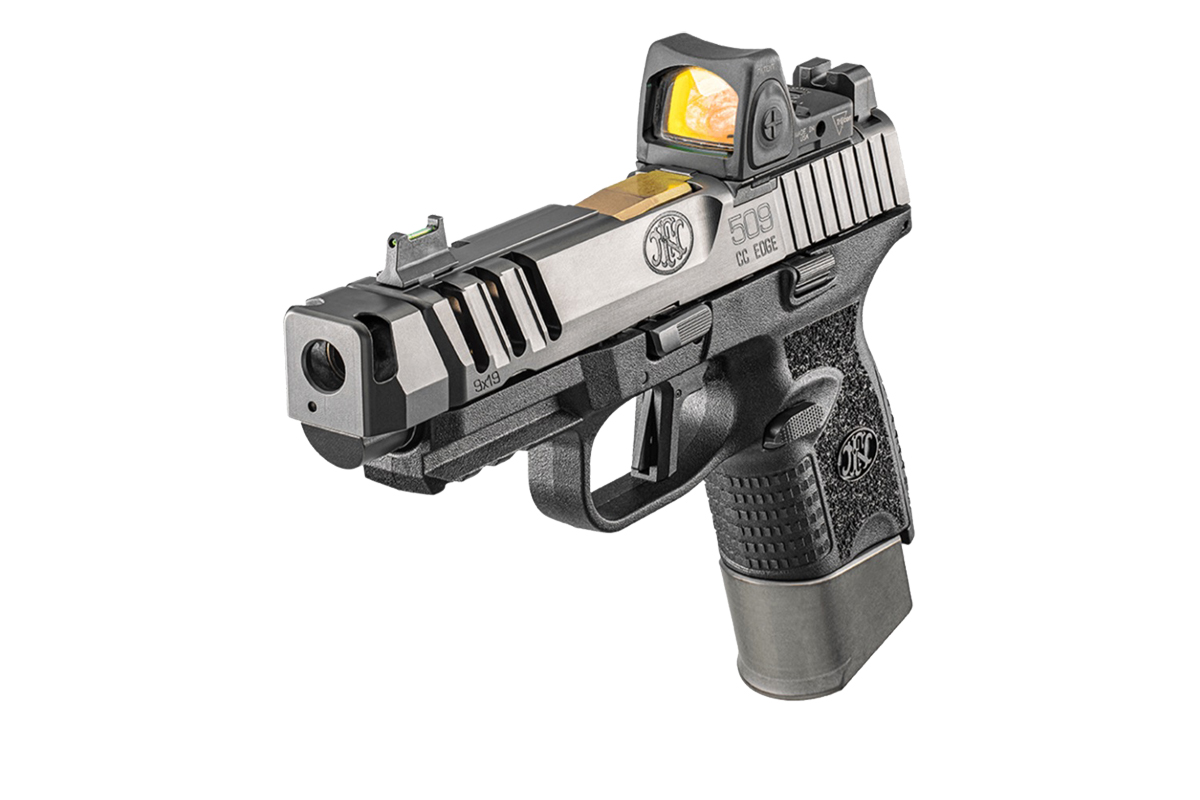 FN 509 CC Edge 9×19 mm kompenzátoros pisztoly aranyszínű TiN bevonatú csővel, optikafogadó szánnal és textúrázott markolattal