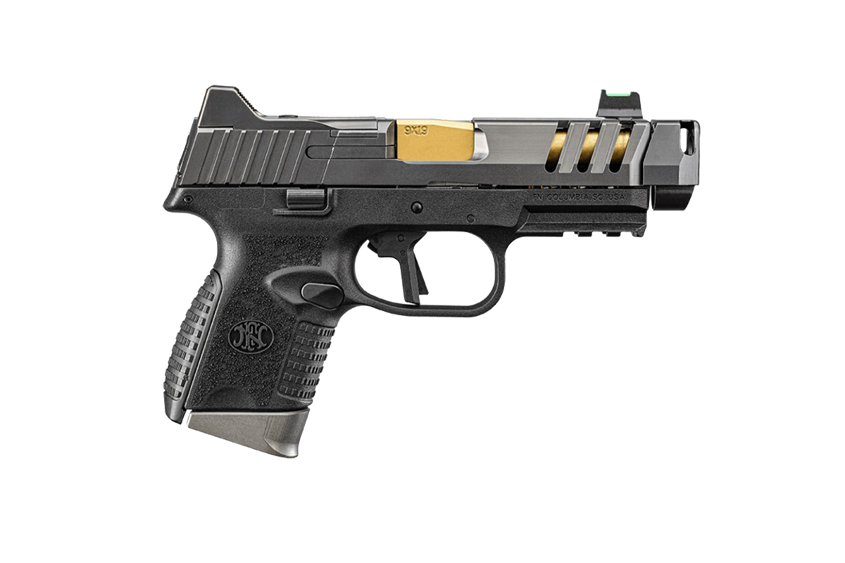 FN 509 CC Edge 9×19 mm kompenzátoros pisztoly aranyszínű TiN bevonatú csővel, optikafogadó szánnal és textúrázott markolattal