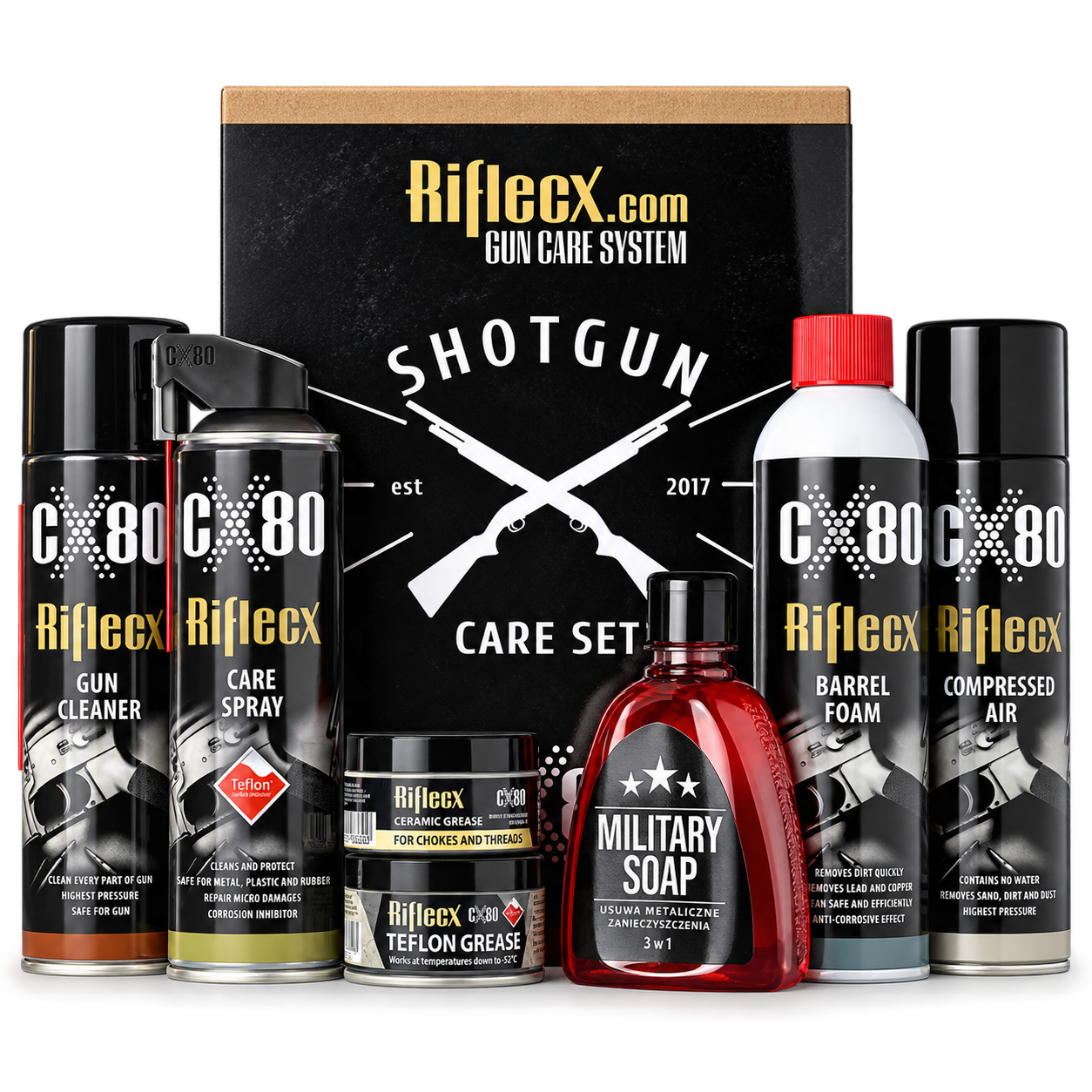 RifleCX Shotgun Care Set sörétespuska-tisztító készlet 7 termékkel